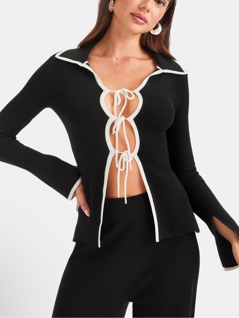 TALA Contrast Tie Front Rib Knit Top Black/Cream Size M